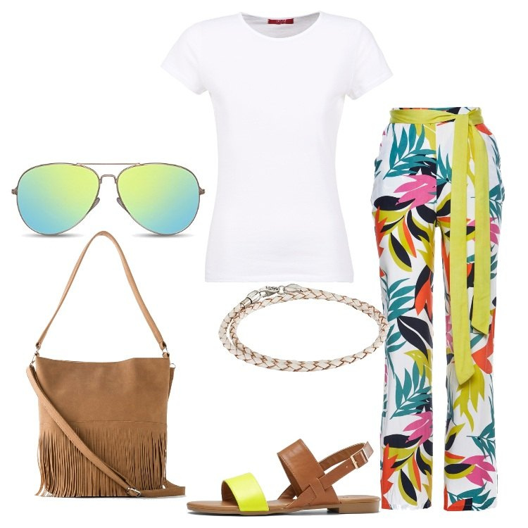 Outfit donna - T-shirt bianca e pantalone fantasia. Stile Etnico per Tutti i giorni. Abbinamento con pantaloni a palazzo, sandali, borse a spalla, t-shirt, braccialetti, occhiali da sole.