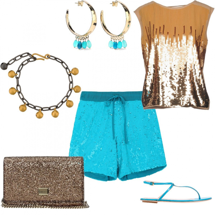 Outfit donna - Trend:Short Pants. Stile Chic per Serata fuori. Abbinamento con shorts, top, orecchini, infradito, pochette, braccialetti.