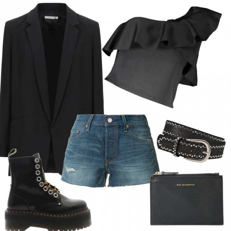 Outfit donna - Trendy. Stile Trendy per Serata fuori. Abbinamento con cinture, blazer, shorts, clutch, top, anfibi.