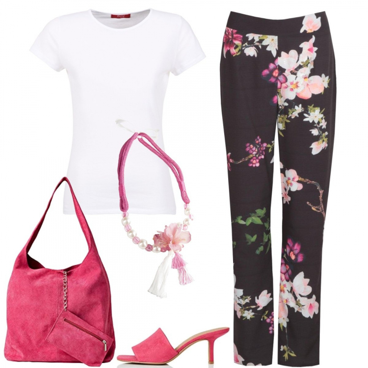 Outfit donna - Pantaloni fantasia e t-shirt bianca. Stile Basic per Tutti i giorni. Abbinamento con pantaloni, t-shirt, collane, sabot, portamonete.