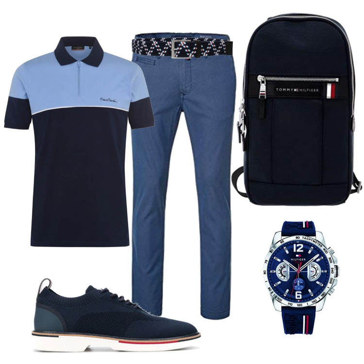 Outfit uomo - Polo bicolor blu. Stile Casual per Ufficio. Abbinamento con cinture, scarpe stringate, polo, borse sportive, orologi analogici, pantaloni.