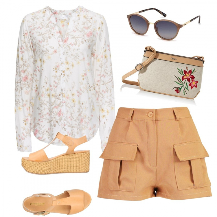Outfit donna - Shorts e camicetta a fantasia. Stile Basic per Tutti i giorni. Abbinamento con camicie, sandali in pelle, pantaloni corti, borse a tracolla, occhiali da sole.