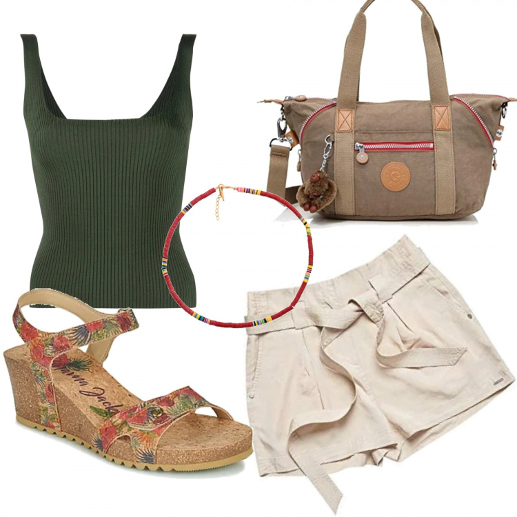 Outfit mujer - Basic #28584. Estilo Basic para Todos los días. Combinación con shorts, maletín, sandalias, top, collares.
