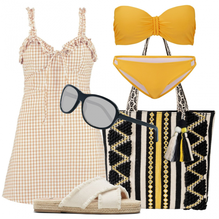 Outfit donna - Mare e sole. Stile Basic per Mare. look ideale per Petite. Abbinamento con ciabatte, bikini, shopping bag, bikini, vestiti corti, occhiali da sole.