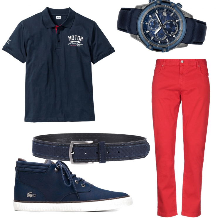 Outfit uomo - Polo blu. Stile Trendy per Tutti i giorni. Abbinamento con polo, pantaloni, cinture, stivali, orologio.