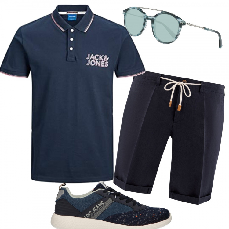 Outfit uomo - Polo blu. Stile Casual per Tutti i giorni. Abbinamento con sneakers, occhiali da sole, shorts, abiti.
