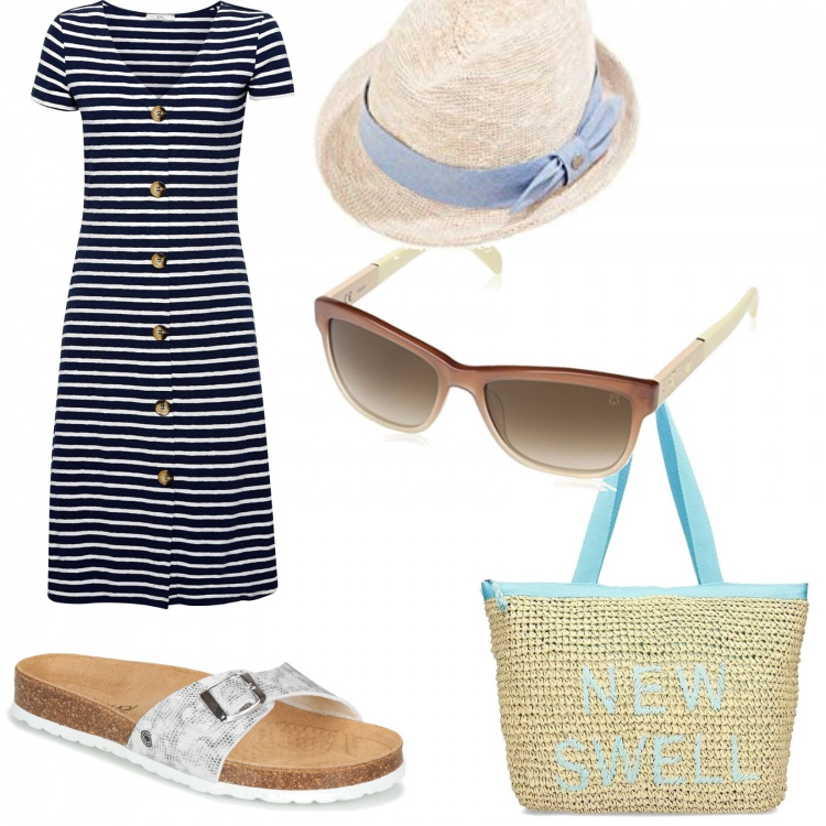 Outfit mujer - Trendy #46618. Estilo Trendy para Mar. Combinación con vestidos, sombreros, gafas de sol, bolso shopper, sandalias.