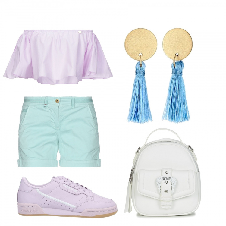 Outfit mujer - Shorts. Estilo Trendy para Todos los días. Combinación con pendientes, mochilas, shorts, sneakers, blusas.