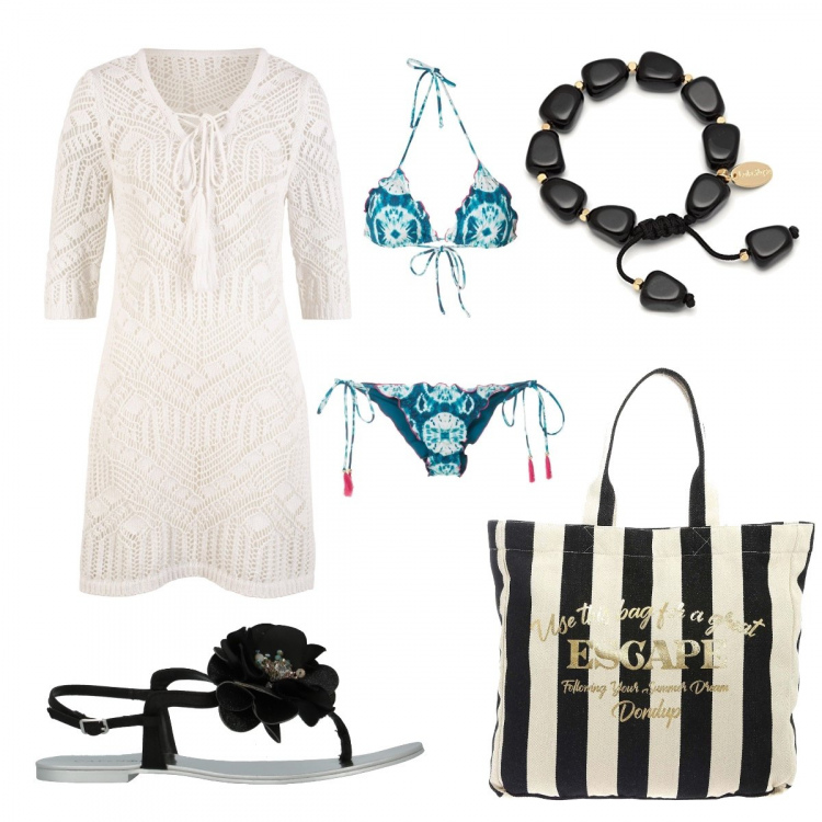 Outfit donna - Pronta per la spiaggia. Stile Basic per Mare. Abbinamento con vestiti da spiaggia, infradito, bikini, shopping bag, braccialetti.