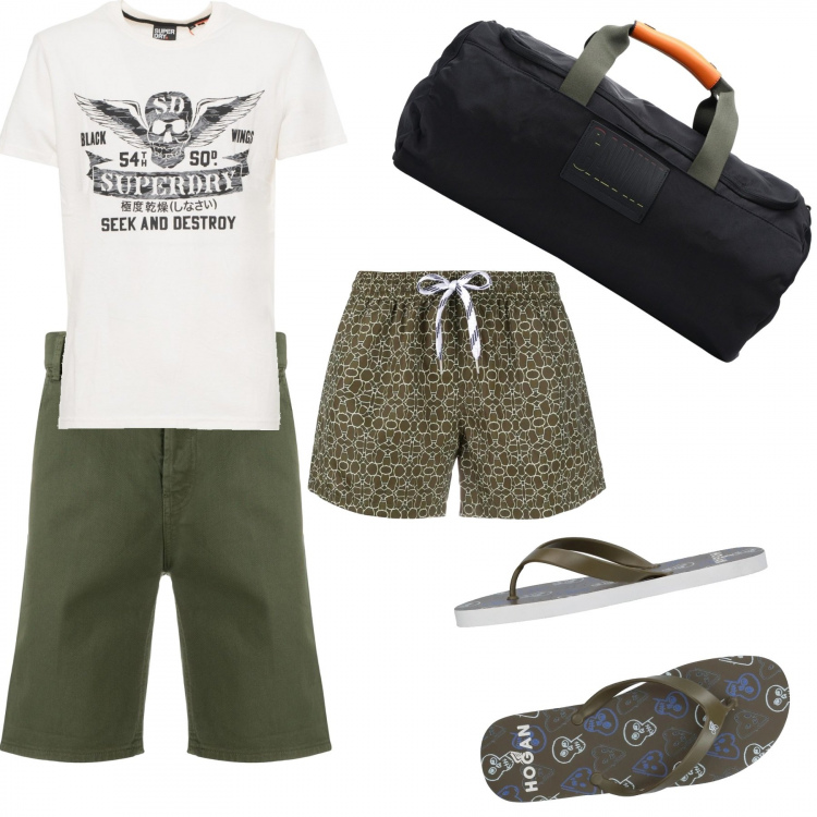 Outfit uomo - In piscina. Stile Casual per Sport. Abbinamento con sandali, borse sportive, costumi, bermuda, t-shirt.