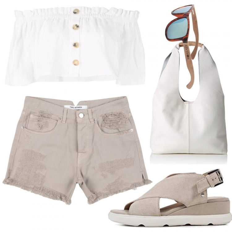 Outfit mujer - Urban #17372. Estilo Urban para Todos los días. Combinación con sandalias de tacón, bolso shopper, gafas de sol, shorts, top.