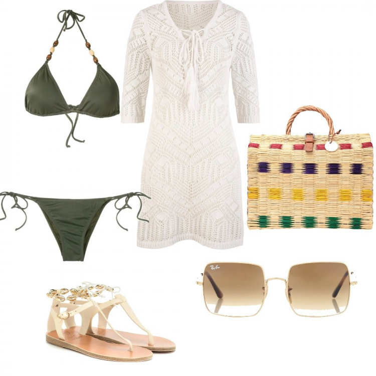 Outfit donna - Al mare. Stile Etnico per Mare. Abbinamento con vestiti da spiaggia, borse a mano, bikini, occhiali da sole, sandali.