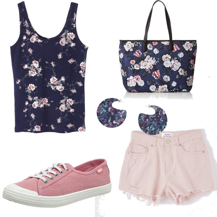 Outfit donna - Borsa e top uguali. Stile Basic per Tutti i giorni. Abbinamento con top, shorts, borse tote, sneakers, orecchini.