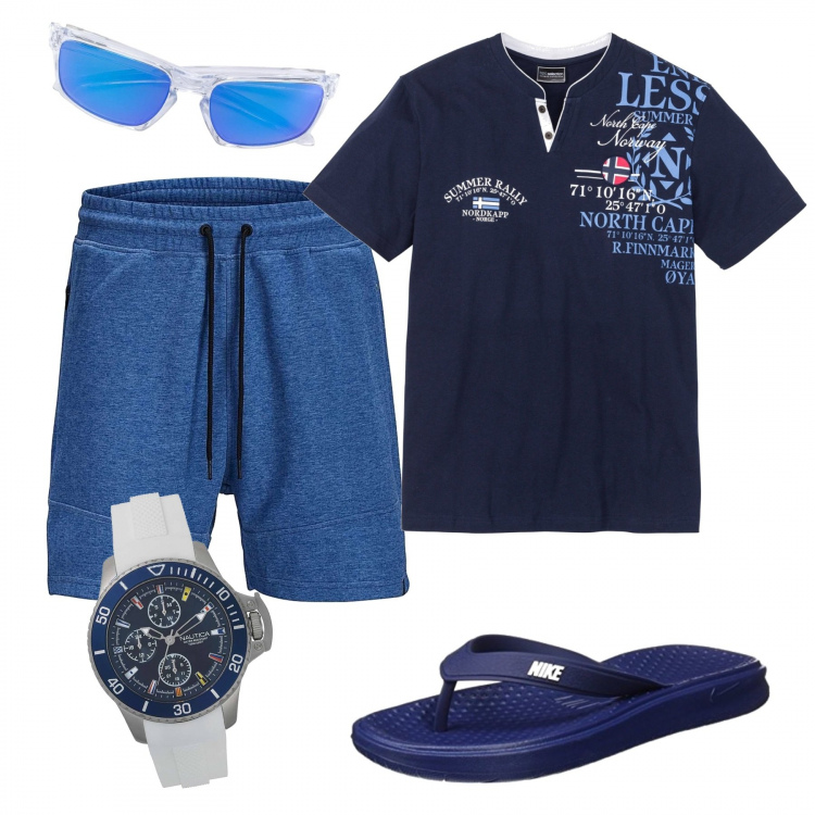 Outfit uomo - Le infradito Nike. Stile Casual per Tutti i giorni. Abbinamento con t-shirt, pantaloni corti, occhiali da sole, pantofole, orologi.