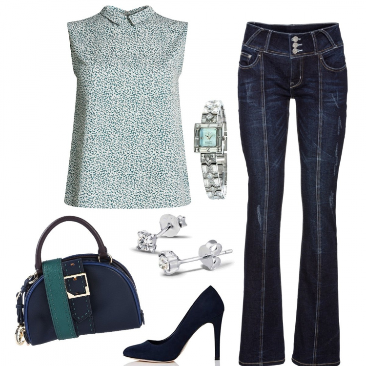 Outfit donna - In ufficio in jeans e décolleté. Stile Basic per Ufficio. Abbinamento con jeans bootcut, borse a mano, camicie, scarpe col tacco, orologi, orecchini.