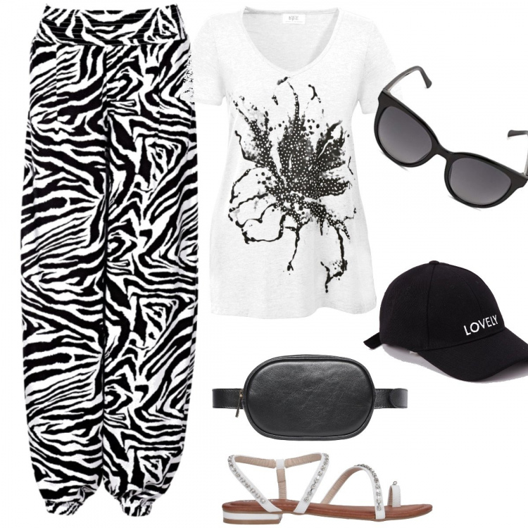 Outfit donna - Black&White. Stile Urban per Tutti i giorni. Abbinamento con pantaloni a palazzo, t-shirt, infradito, zaini, cappelli con visiera, occhiali da sole.