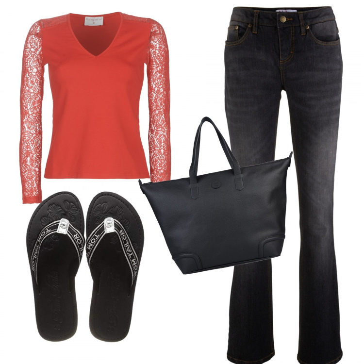 Outfit donna - Freedom lifetime. Stile Basic per Tutti i giorni. Abbinamento con jeans bootcut, borse a mano, camicie, infradito.