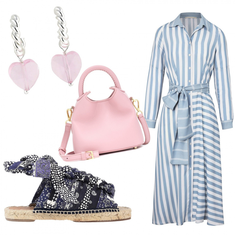 Outfit femme - Rayures en tout sens. Style Tendance pour Tous les jours. Assortir avec robes mi-longues/au genou, sandales, sacs à l'épaule, boucles d'oreilles.