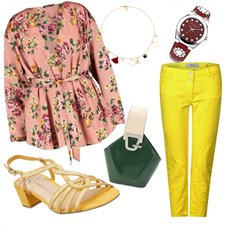 Outfit femme - Pétillante et fleurie. Style Tendance pour Tous les jours. Assortir avec hauts, jeans, sandales, portefeuille, montres analogiques, colliers.