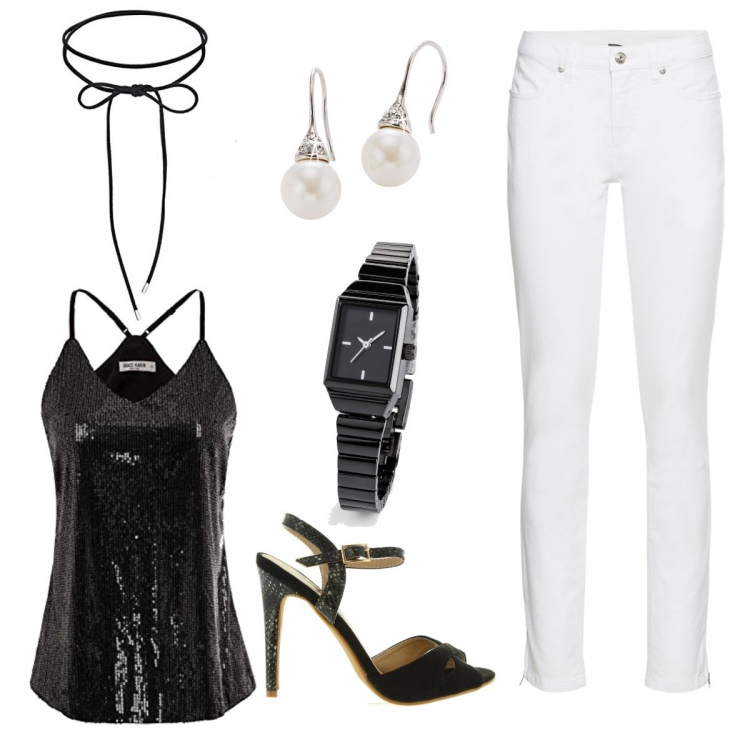 Outfit donna - Black white. Stile Rock per Serata fuori. Abbinamento con jeans skinny, orologi, orecchini, décolleté, canottiere, collane.