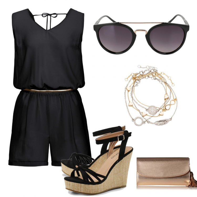 Outfit femme - Dîner en bord de plage. Style Chic pour Soirée dehors. Assortir avec combishort, bracelets, chaussures à semelle compensée, pochette, lunettes de soleil.