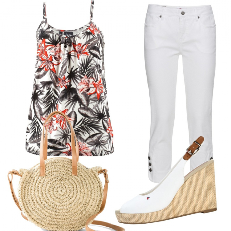Outfit donna - Trendy #46845. Stile Trendy per Tutti i giorni. Abbinamento con top, jeans slim fit, shopping bag, sandali col tacco.
