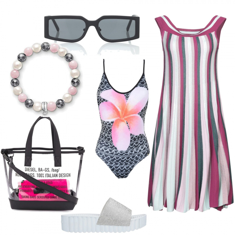 Outfit femme - En claquettes et robe à rayures. Style Tendance pour Plage. Assortir avec robes courtes, maillots de bain une pièce, sandales en cuir, sac cabas, lunettes de soleil, bracelets avec cabochons.