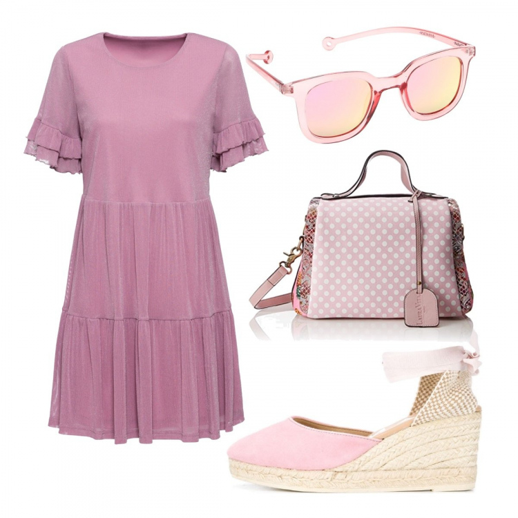 Outfit donna - Semplice e romantica. Stile Trendy per Tutti i giorni. Abbinamento con zeppe, occhiali da sole, vestiti, borse a spalla.