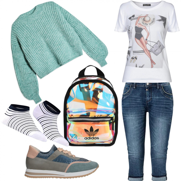 Outfit femme - En pantacourt, c\'est cool !. Style Bon Ton pour Tous les jours. Assortir avec t-shirts, sneakers, pulls, pantalon , portefeuille, socquettes.