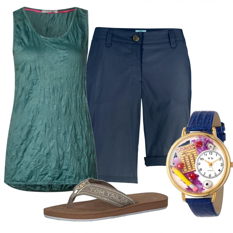 Outfit donna - Original designe. Stile Basic per Tutti i giorni. Abbinamento con bermuda, vestaglie, orologi, infradito.