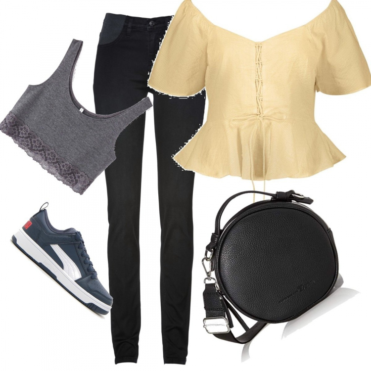 Outfit donna - Total look #637111. Abbinamento con jeans skinny, top, top, borse a spalla, sneakers.