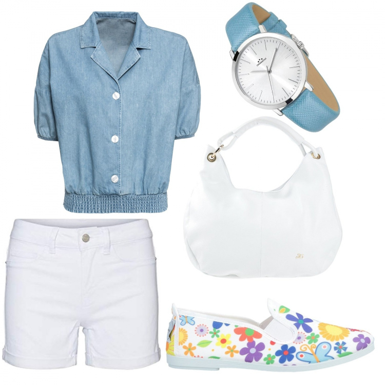 Outfit donna - Flower power. Stile Trendy per Tutti i giorni. Abbinamento con bluse, borse a mano, sneakers, shorts, orologi.