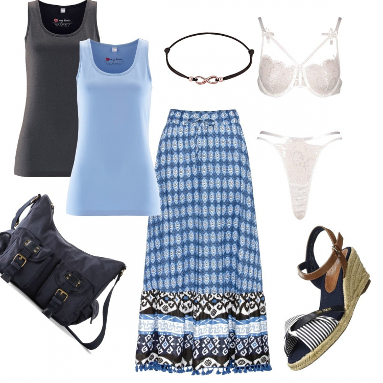 Outfit donna - Total look #637211. Abbinamento con canottiere, gonne lunghe, borse a tracolla, completi intimo, sandali, braccialetti.