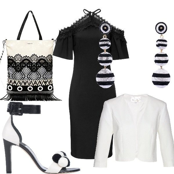 Outfit donna - Al ristorante con gli amici. Stile Chic per Serata fuori. Abbinamento con sandali in pelle, orecchini, maglieria, vestiti, borse a mano.