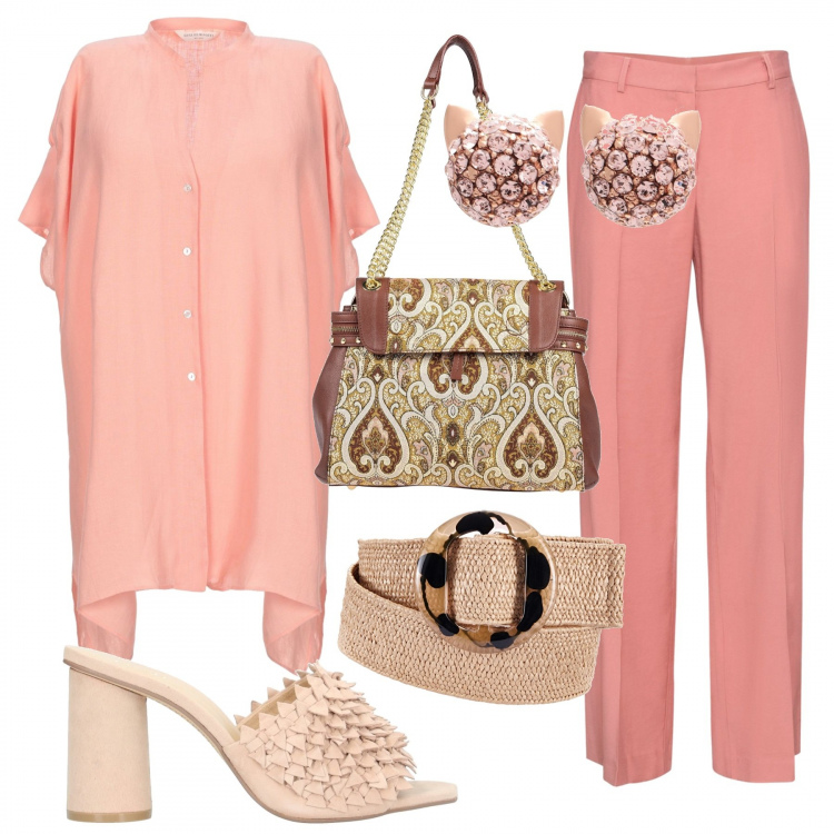 Outfit donna - Cozy rosie. Stile Bon Ton per Tutti i giorni. Abbinamento con cinture, pantaloni, sandali col tacco, camicie a manica corta, borse a spalla, orecchini.