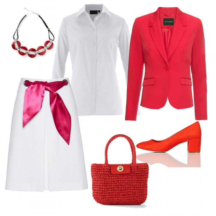 Outfit donna - Basic #28866. Stile Basic per Ufficio. Abbinamento con camicie, gonne, blazer, borse a mano, collane, scarpe col tacco.