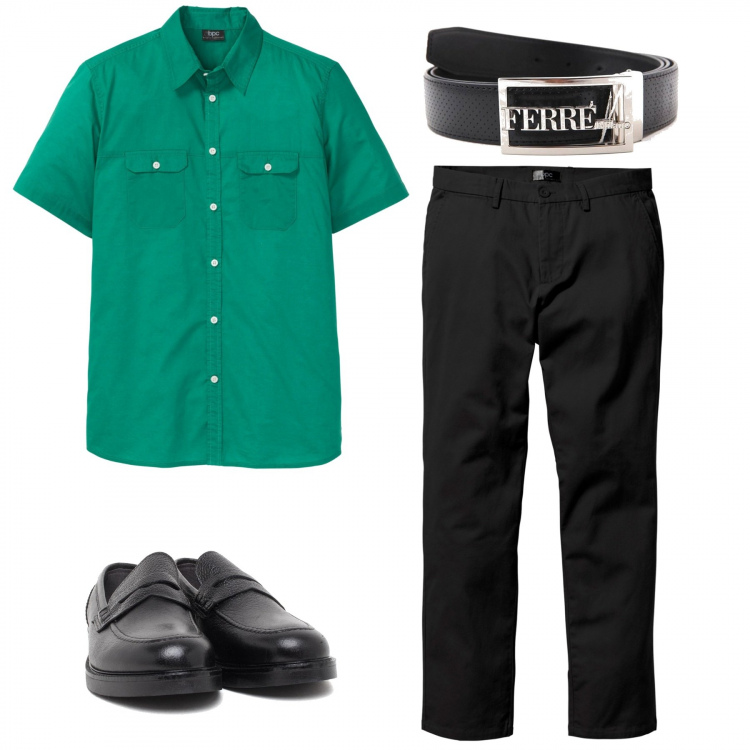 Outfit uomo - Verde e nero. Stile Casual per Ufficio. Abbinamento con pantaloni chino, camicie a manica corta, scarpe stringate, cinture.