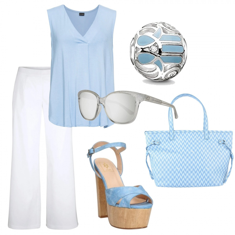 Outfit donna - Bicolor curvy. Stile Basic per Ufficio. Abbinamento con top, pantaloni culotte, borse a mano, sandali, ciondoli, occhiali da sole.
