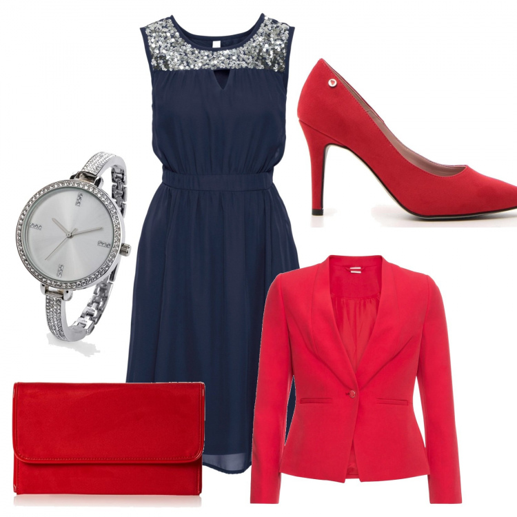 Outfit donna - Rosso e blu. Stile Chic per Cerimonia. Abbinamento con vestiti, blazer, orologi, pochette, décolleté.