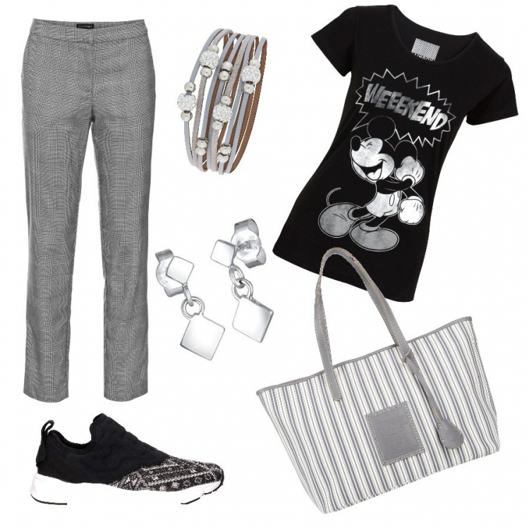 Outfit donna - Lunedì grigio nero. Stile Urban per Tutti i giorni. Abbinamento con t-shirt, pantaloni capri, maglieria, borse a mano, sneakers, orecchini.