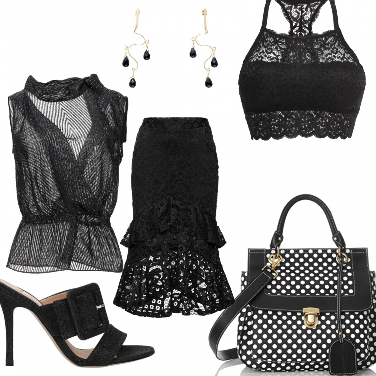 Outfit donna - Total black. Stile Sexy per Serata fuori. Abbinamento con top, orecchini, reggiseni, gonne, sandali, borse a spalla.