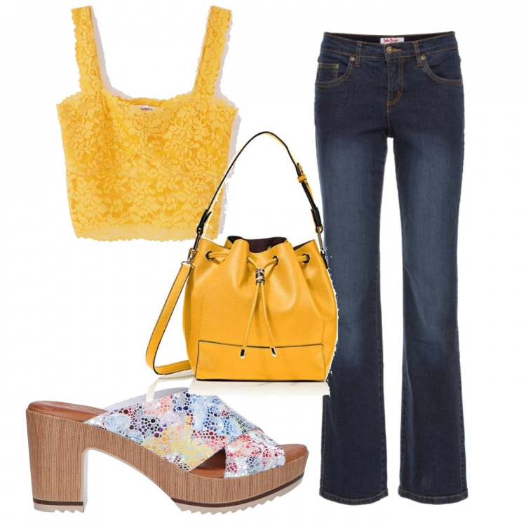 Outfit donna - Trendy #47213. Stile Trendy per Tutti i giorni. Abbinamento con jeans dritti, top, borse a spalla, sandali.