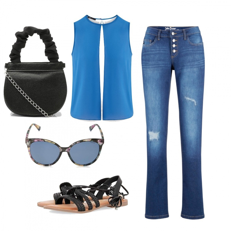 Outfit donna - La vita come un film. Stile Trendy per Ufficio. Abbinamento con jeans, borse a cartella, camicie, sandali alla schiava, occhiali da sole.
