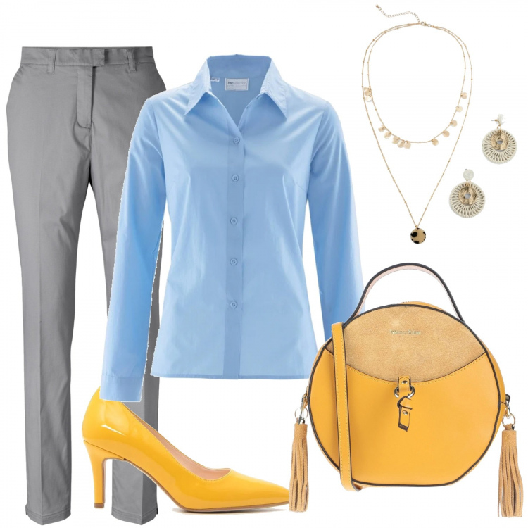 Outfit donna - Basic #28953. Stile Basic per Ufficio. Abbinamento con borse a mano, vestiti chemisier, camicie, orecchini, décolleté.