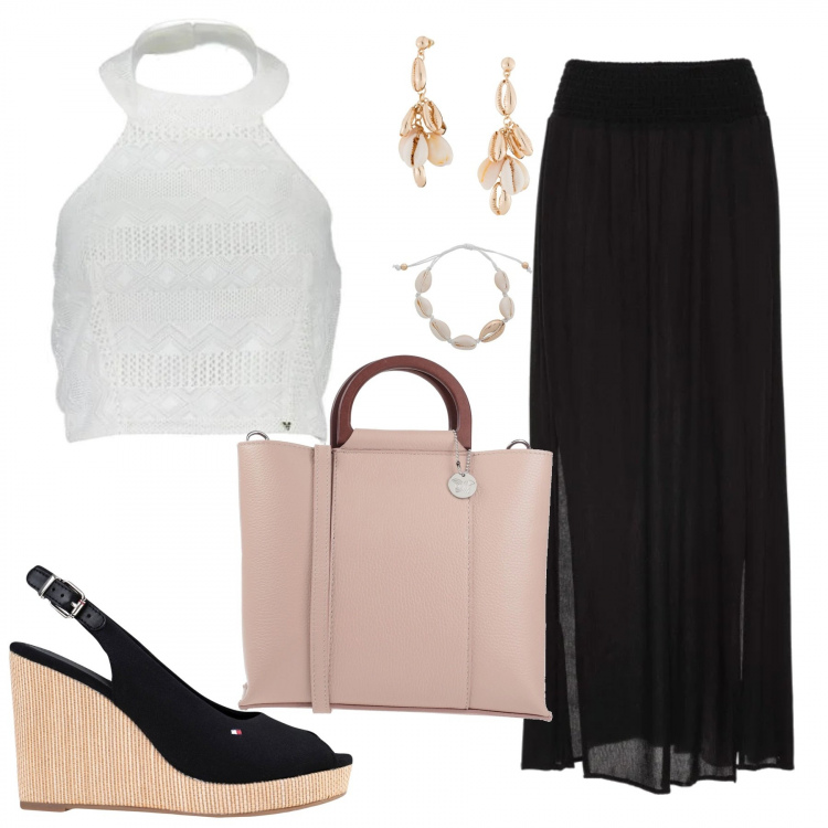Outfit donna - Basic #28956. Stile Basic per Tutti i giorni. Abbinamento con gonne lunghe, orecchini, borse a mano, sandali in pelle, top.