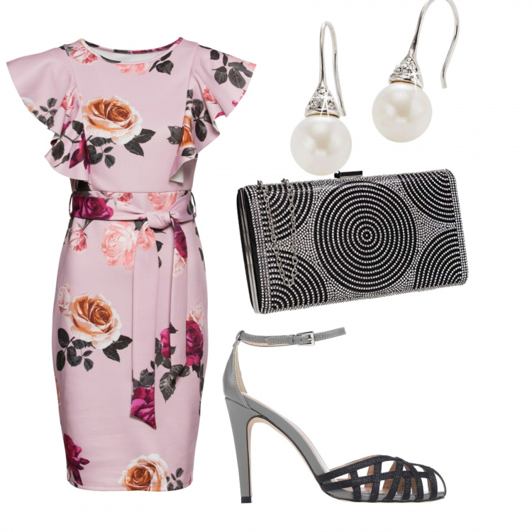 Outfit donna - Bon Ton #20423. Stile Bon Ton per Cerimonia. Abbinamento con sandali col tacco, pantaloni chino, orecchini, pochette.