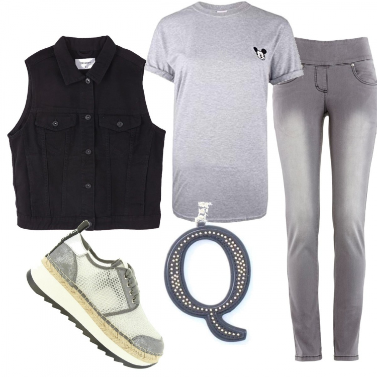 Outfit donna - Total look #638197. Abbinamento con jeans slim fit, gilet, ciondoli, sneakers, t-shirt.