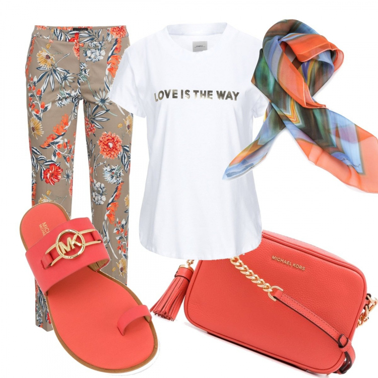 Outfit donna - Eclettica T-shirt. Stile Basic per Tutti i giorni. Abbinamento con pantaloni, t-shirt, sandali, borse a spalla, foulard.