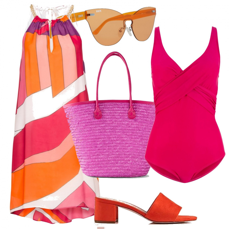 Outfit donna - Palette primavera. Stile Chic per Mare. Abbinamento con costumi interi, vestiti asimmetrici, pantaloni, sabot, occhiali da sole.
