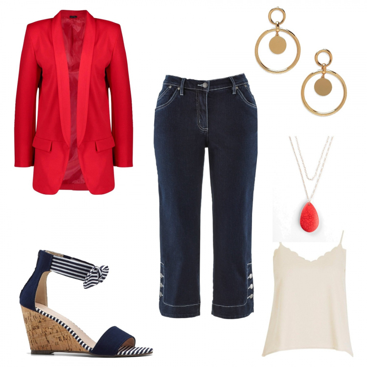 Outfit femme - Couleurs pin up. Style Bon Ton pour Tous les jours. Assortir avec jeans, chaussures à semelle compensée, manteaux, blazers, hauts, boucles d'oreilles.